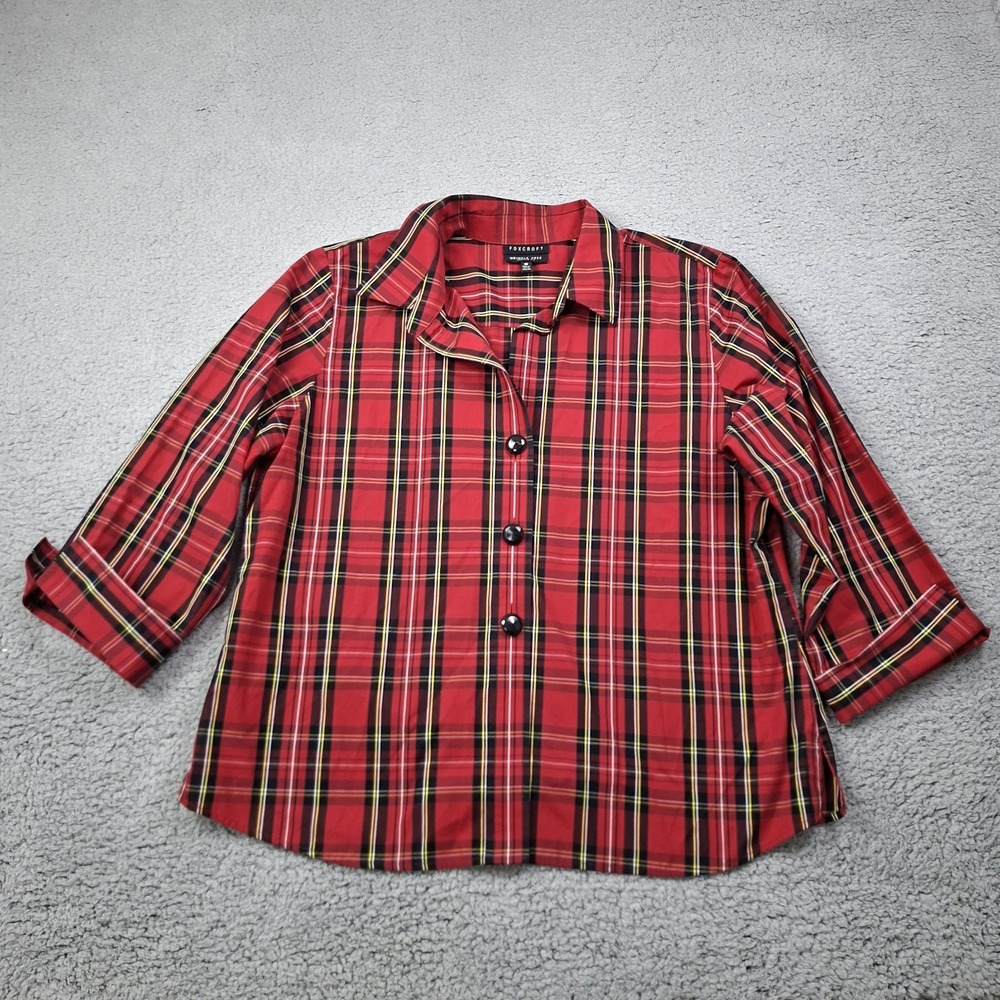 Foxcroft 18 Shaped Fit Tartan Plaid Three Button Flip Cuff top Wrinkle Free